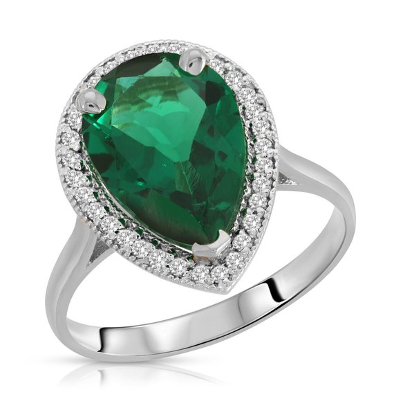 14K. SOLID GOLD RING WITH NATURAL DIAMONDS & LAB. CREATED EMERALD (White Gold) - Picture 3 of 4